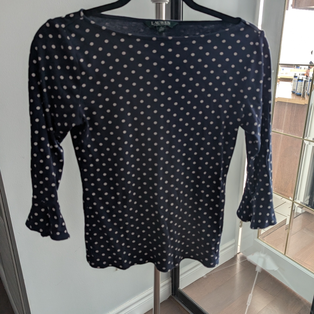 Ralph Lauren Blue Fitted Ruffled 3/4 Sleeve Blouse